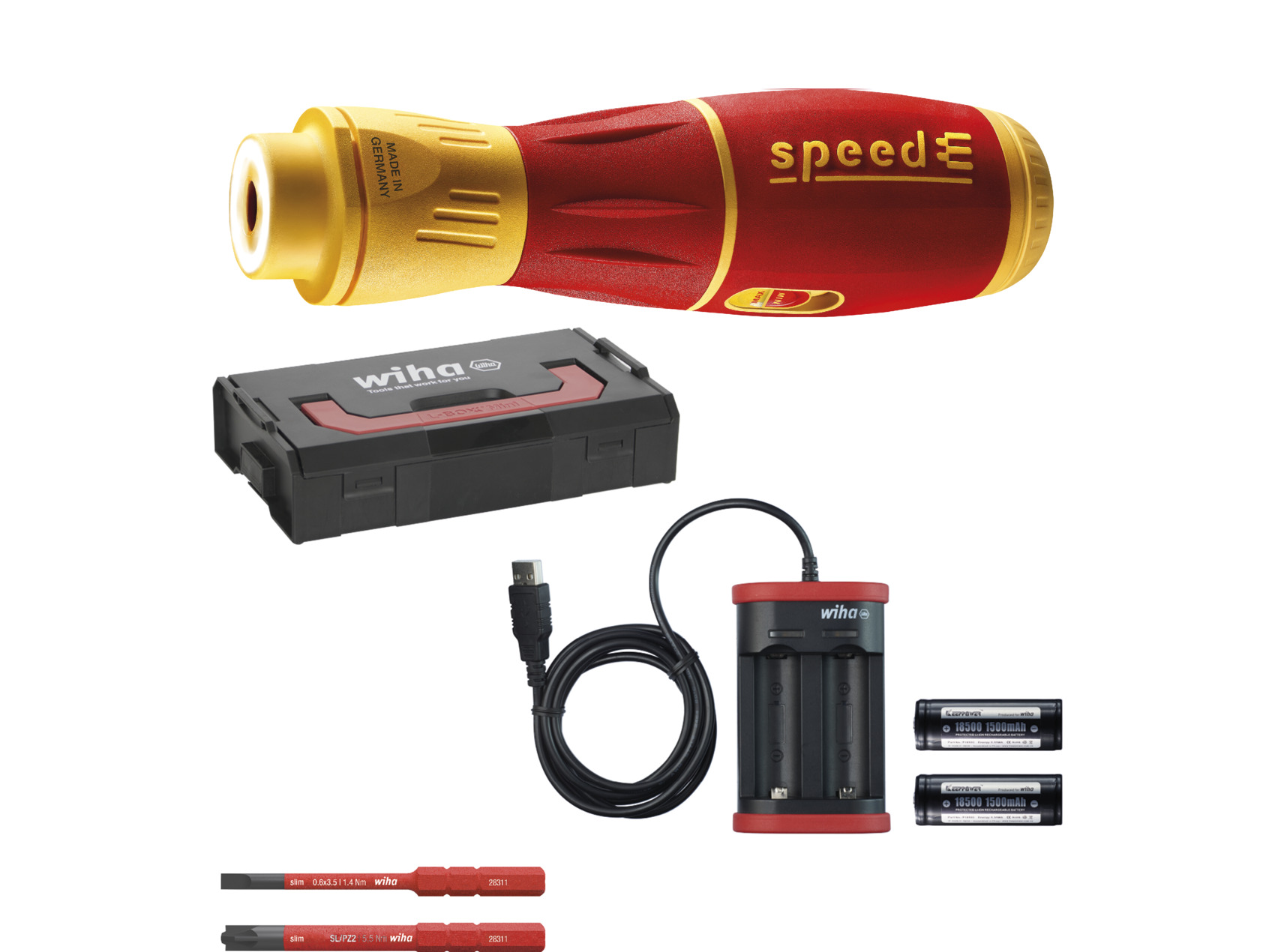 Destornillador eléctrico speedE® II electric surtido de 7 uds., con  slimBits, baterías y cargador USB en L-Boxx Mini (44318), Innovaciones